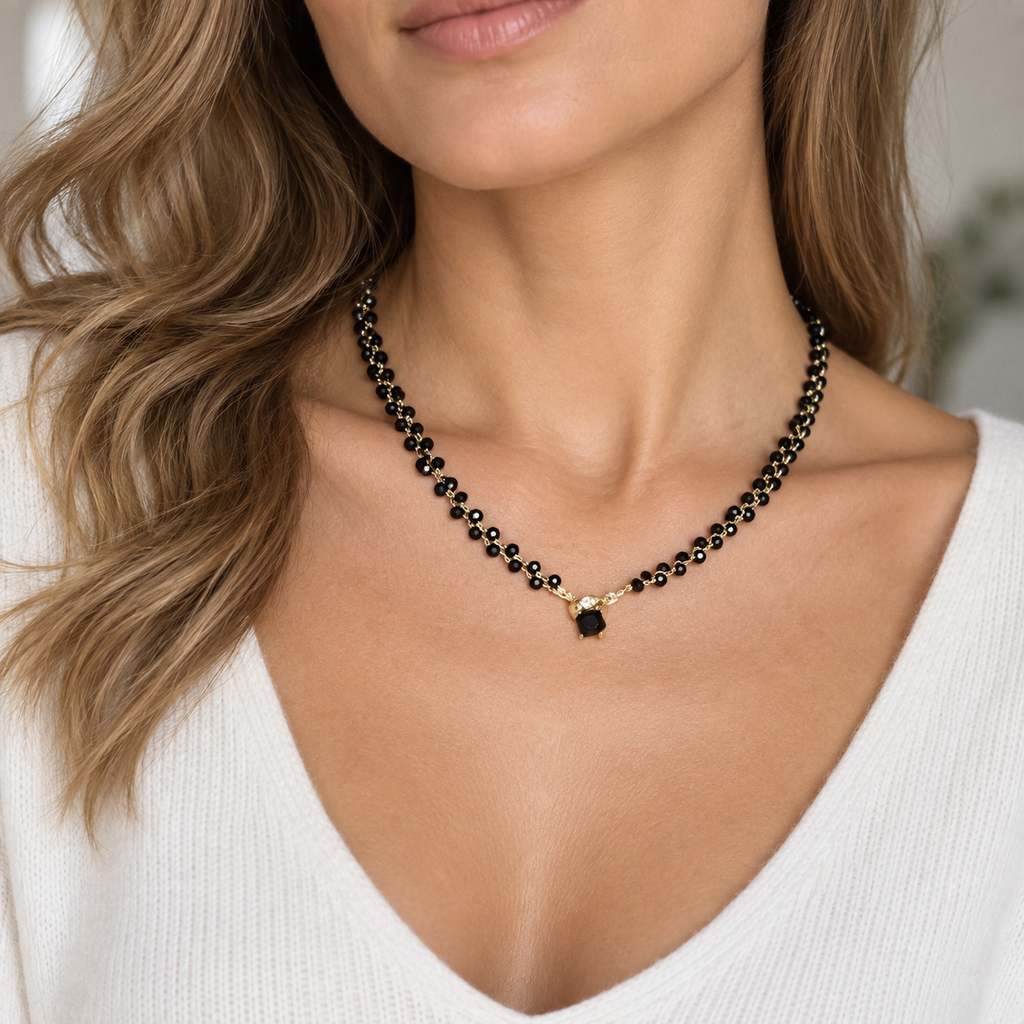 Necklace with black glass crystals