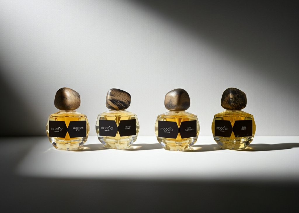 Four perfume bottles with gold caps and black labels on a dark background moodor perfumes