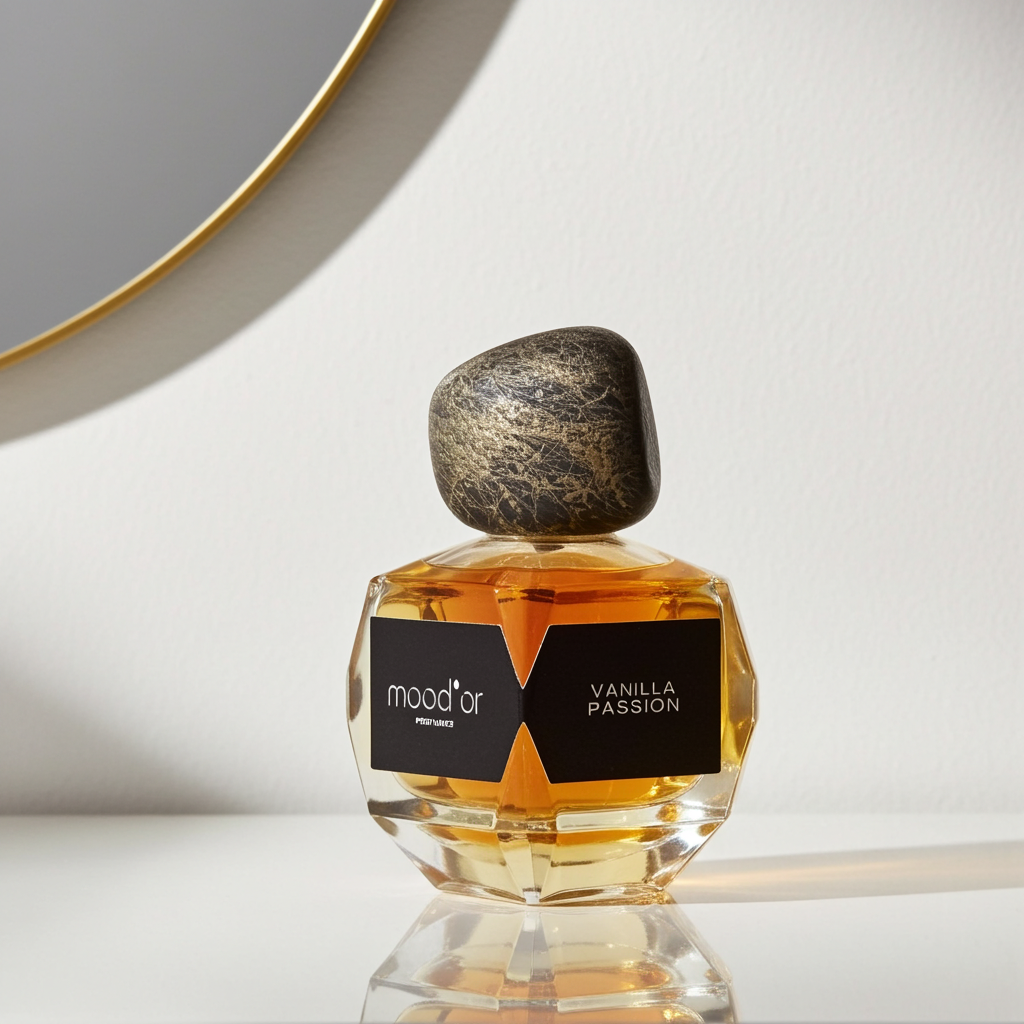 kvepalų buteliukas su užrašu mood'or perfumes vanilla passion