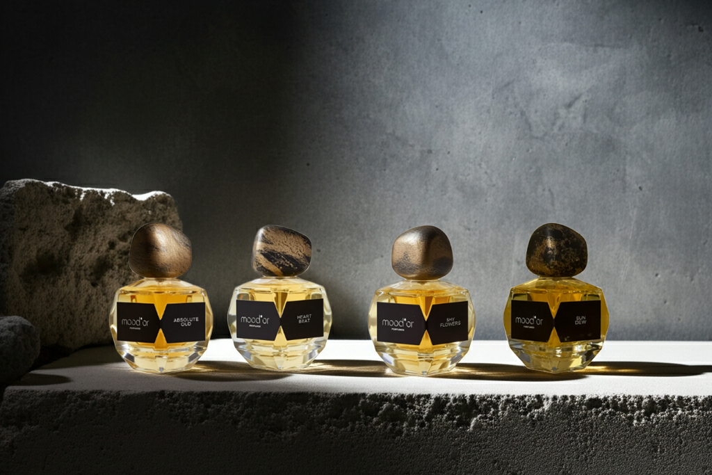 Four perfume bottles with spherical caps on a stone surface against a dark background