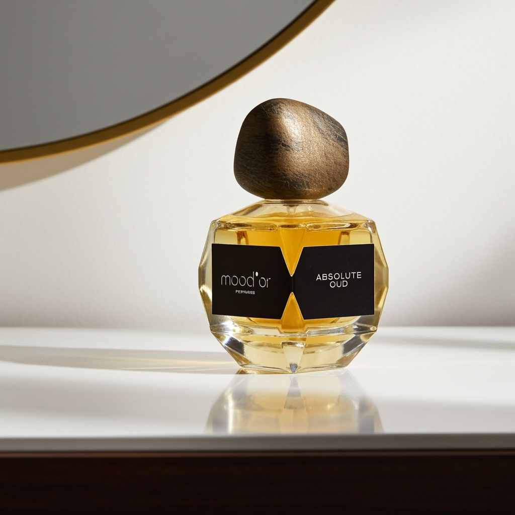 kvepalu buteliukas su užrašu mood'or absolute oud ant juodos etiketės