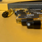 close-up of small perfume bottles, Mood'or Perfume discovery box, fragrance testers