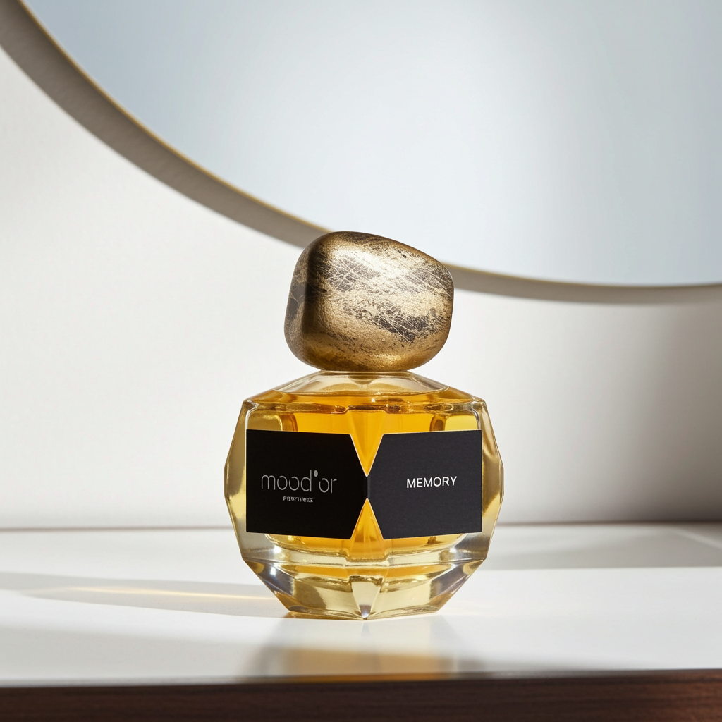 Perfume bottle labeled 'mood'or Memory' with a gold cap on a white surface.