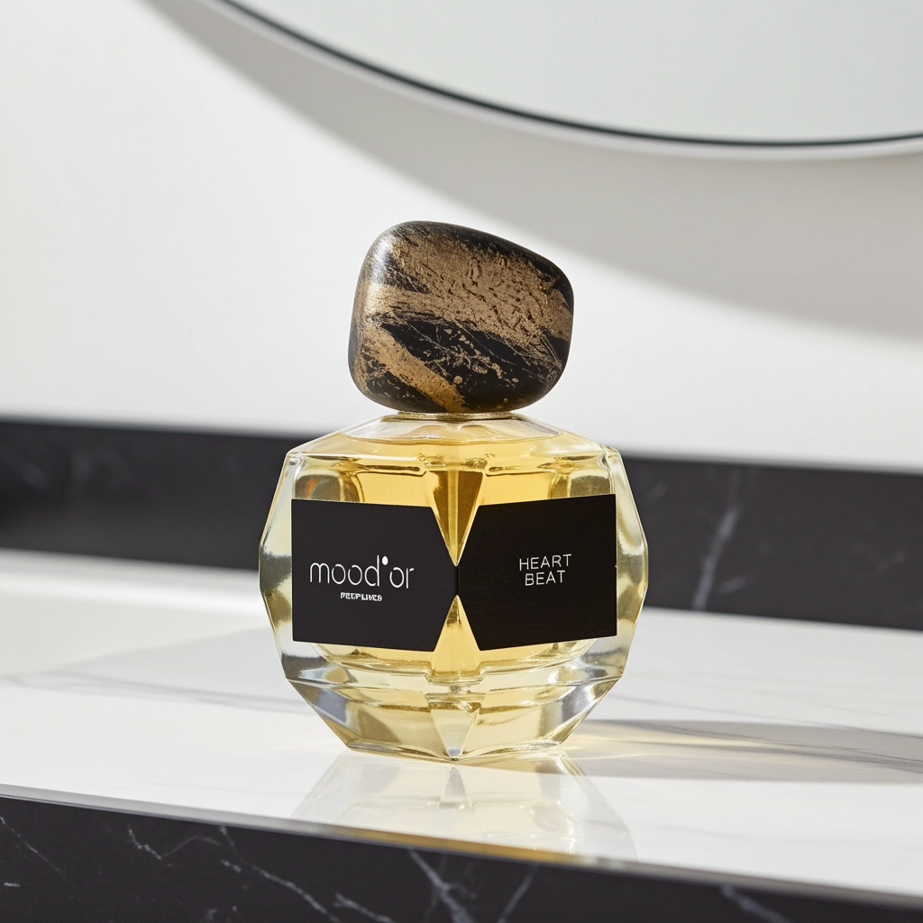 Kvepalų buteliukas su užrašu mood'or perfumes, pastatytas ant atspindinčio paviršiaus, su neryškiu fonu