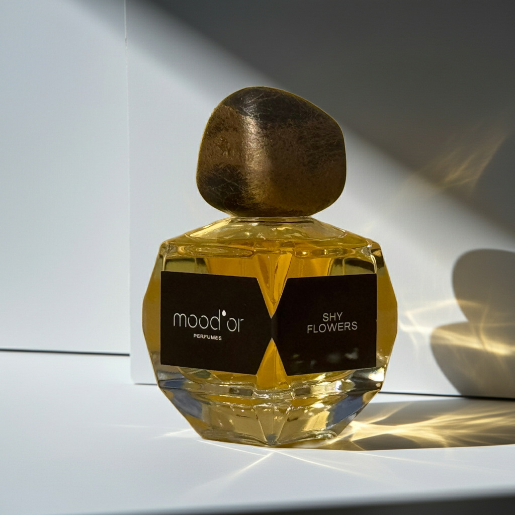 mood'or perfumes kvepalu buteliukas shy flowers šviesiame fone su atspindžiais